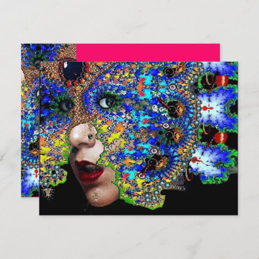 EPHEMERAL Mardi Gras Masquerade Ball fuchsia blue Aankondiging (Voorkant / Achterkant)