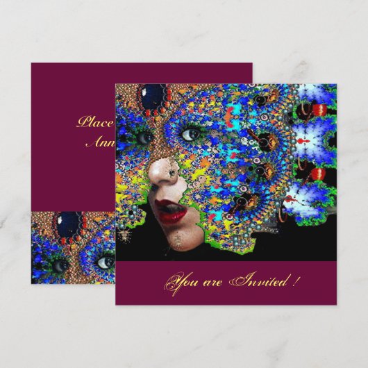 EPHEMERAL, zoet 16 maskerade bal, blauw masker Kaart (Voorkant / Achterkant)