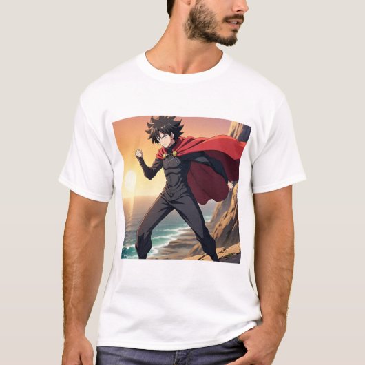 Epic Anime Hero at Sunset – Powerful Warrior with  T-shirt (Voorkant)