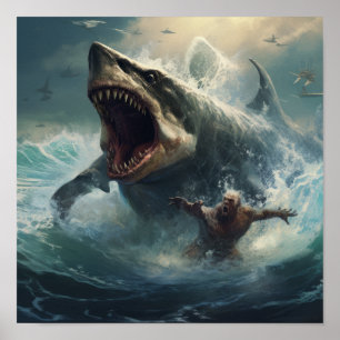 Epic Battle: Megalodon vs T-Rex Poster - Ontketene