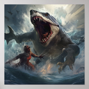 Epic Battle of Megalodon vs. T-Rex Poster - Unleas