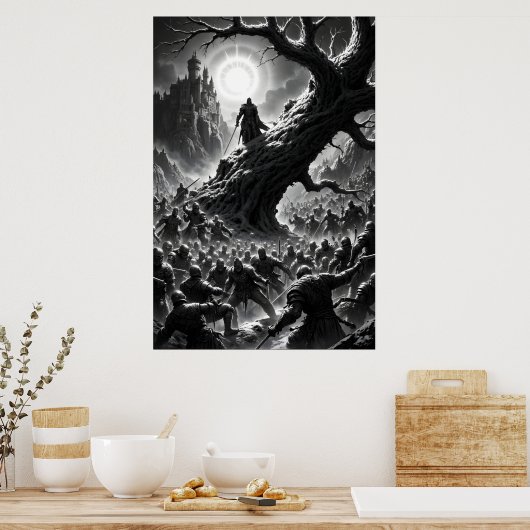 Epic battle scene with medieval warriors under poster (Keuken)