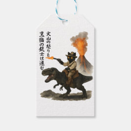 Epic Black Cat Cowboy Riding Dinosaur with Volcano Cadeaulabel