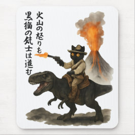 Epic Black Cat Cowboy Riding Dinosaur with Volcano Muismat