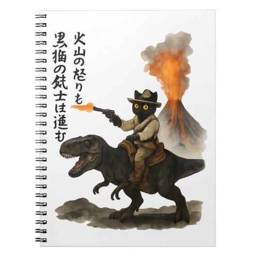 Epic Black Cat Cowboy Riding Dinosaur with Volcano Notitieboek (Voorkant)