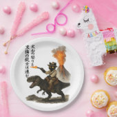 Epic Black Cat Cowboy Riding Dinosaur with Volcano Papieren Bordje (Feest)