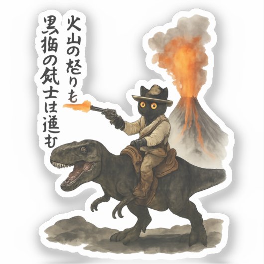 Epic Black Cat Cowboy Riding Dinosaur with Volcano Sticker (Voorkant)