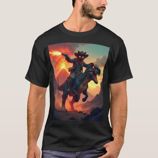 Epic Cowboy Cat Riding Dinosaur | Fantasy Sci-Fi T-shirt (Voorkant)