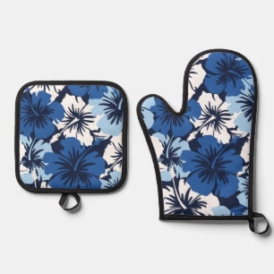 Epic Hibiscus Hawaiian Floral Aloha Blues Ovenwant & Pannenlap Set