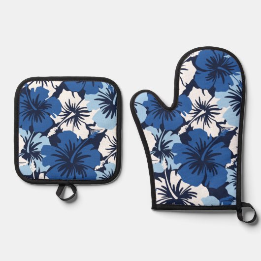Epic Hibiscus Hawaiian Floral Aloha Blues Ovenwant & Pannenlap Set (Voorkant)