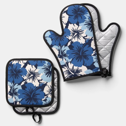 Epic Hibiscus Hawaiian Floral Aloha Blues Ovenwant & Pannenlap Set (Voorkant / Achterkant)