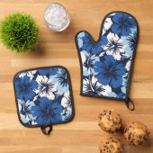 Epic Hibiscus Hawaiian Floral Aloha Blues Ovenwant & Pannenlap Set (Top down)