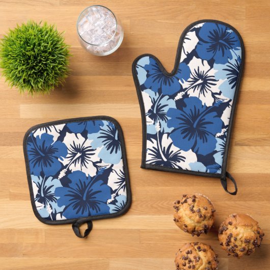 Epic Hibiscus Hawaiian Floral Aloha Blues Ovenwant & Pannenlap Set (Top down)
