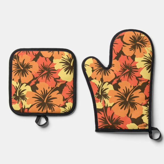 Epic Hibiscus Hawaiian Floral Aloha Sinaasappel Ovenwant & Pannenlap Set (Voorkant)