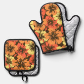 Epic Hibiscus Hawaiian Floral Aloha Sinaasappel Ovenwant & Pannenlap Set (Voorkant / Achterkant)