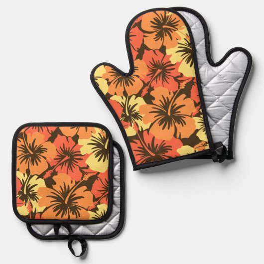 Epic Hibiscus Hawaiian Floral Aloha Sinaasappel Ovenwant & Pannenlap Set (Voorkant / Achterkant)