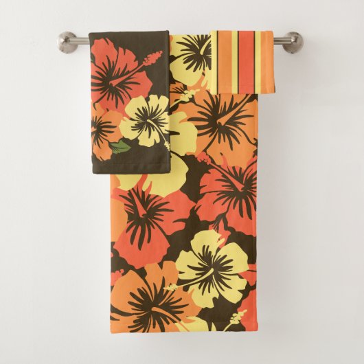 Epic Hibiscus Hawaiian Floral Coordinates Oranje Bad Handdoek (Insitu)