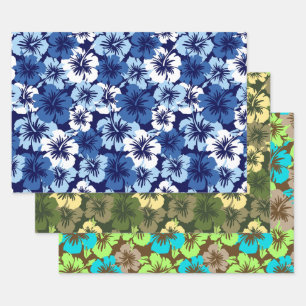 Epic Hibiscus Hawaiian Floral Trio-Blue & Olive Inpakpapier Vel