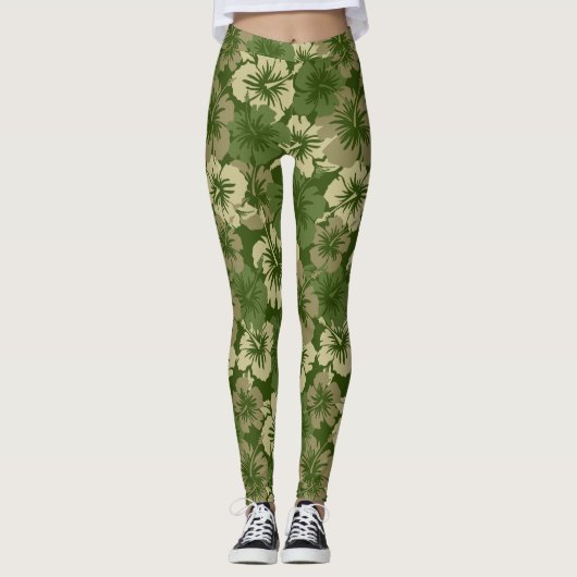 Epic Hibiscus Hawaiian Tropische Floral Olive Leggings (Voorkant)