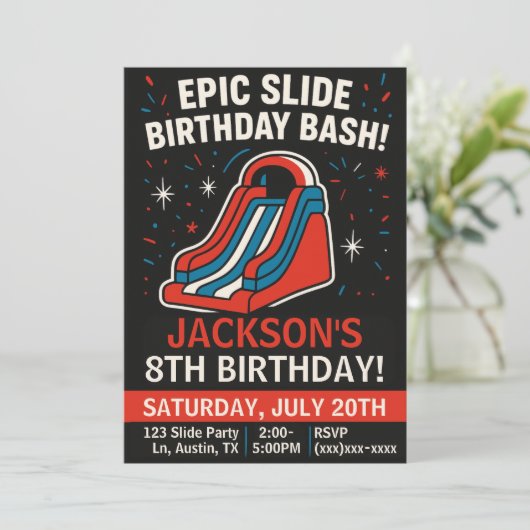 Epic Inflatable Slide Birthday Party Invitation Kaart (Staand voorkant)