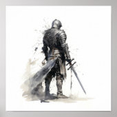 Epic Knight met Zwaard - Verbluffend Zwart en Wit Poster (Voorkant)