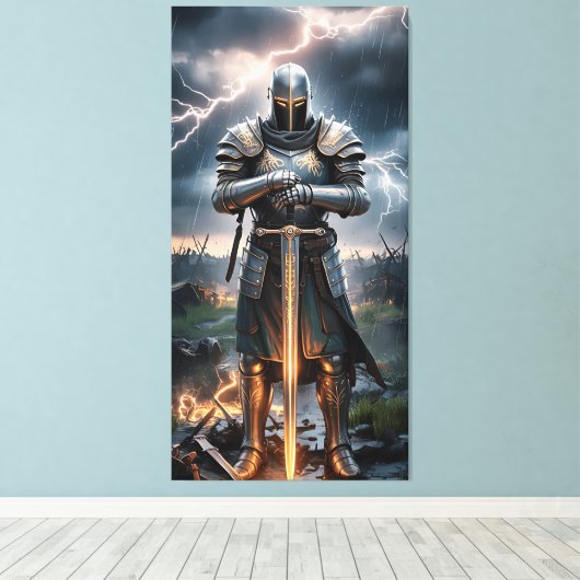 Epic Knight Warrior Digitale Poster Middeleeuwse F Canvas Afdruk (Insitu (Houten vloer))