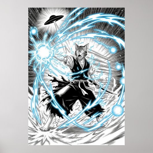 Epic Manga Style Cat Warrior Energy Blast UFO Poster (Voorkant)