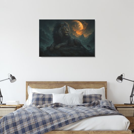 Epic Moonlit Lion – Celestial Mountain Guardian – Canvas Afdruk (Insitu (Slaapkamer))