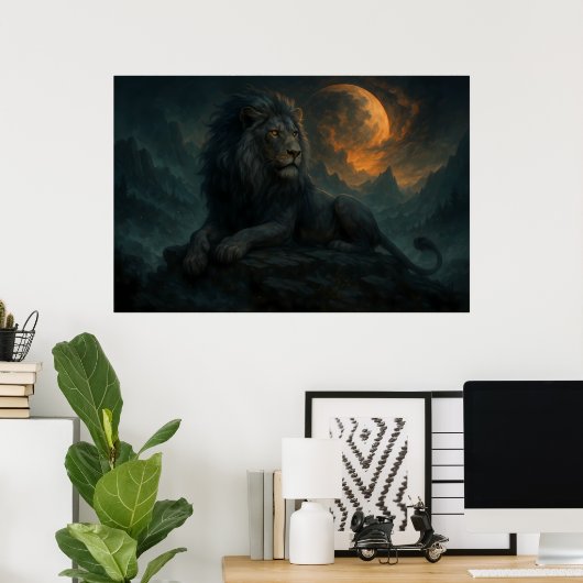 Epic Moonlit Lion – Celestial Mountain Guardian –  Poster (Thuiskantoor)