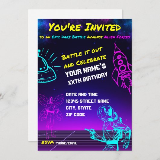 Epic Space Dart Blaster Verjaardagsfeest uitnodigi Kaart (Voorkant / Achterkant)