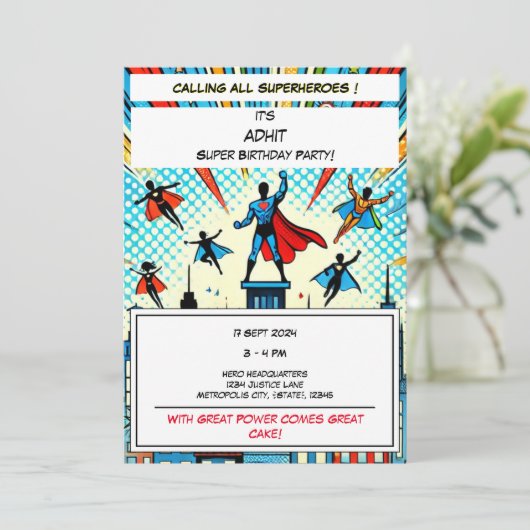 Epic Superhero Verjaardagsfeestje Uitnodiging (Staand voorkant)