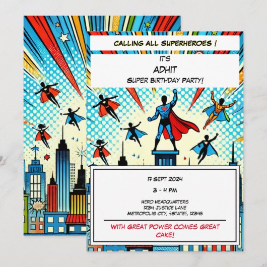 Epic Superhero Verjaardagsfeestje Uitnodiging (Voorkant / Achterkant)