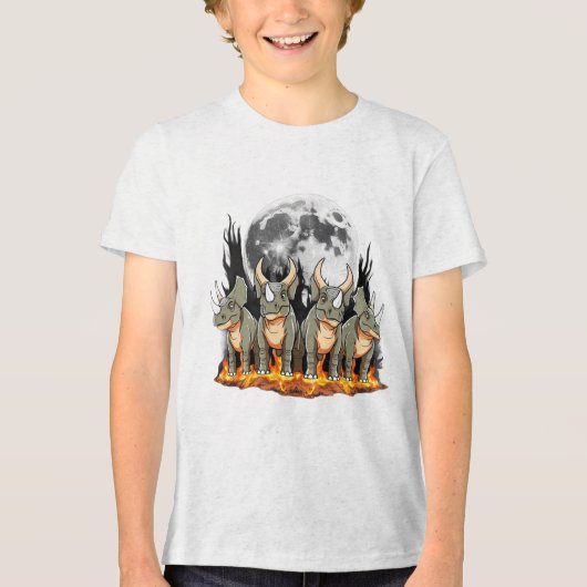Epic Triceratops Dinosaur – Fiery Moonlight Prehis Tri-Blend Shirt (Voorkant)