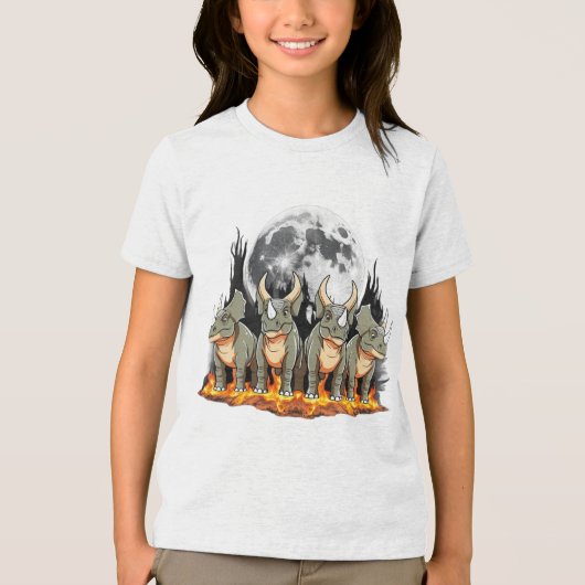 Epic Triceratops Dinosaur – Fiery Moonlight Prehis Tri-Blend Shirt (Voorkant)
