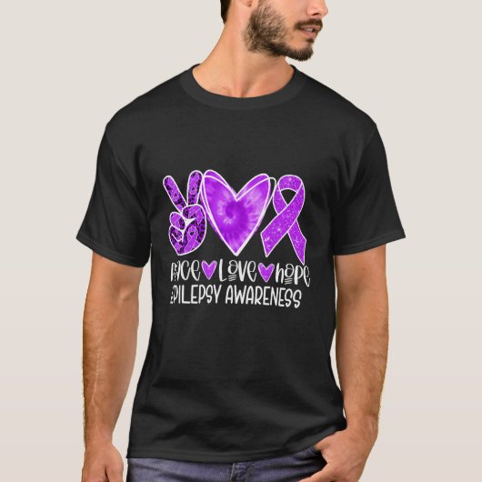 Epilepsie Bewustzijn Maand Paarse Lint Vrede Liefd T-shirt (Voorkant)
