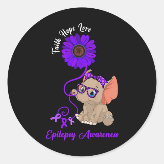 Epilepsy Awareness Elephant Faith Hope Love Sunflo Ronde Sticker (Voorkant)