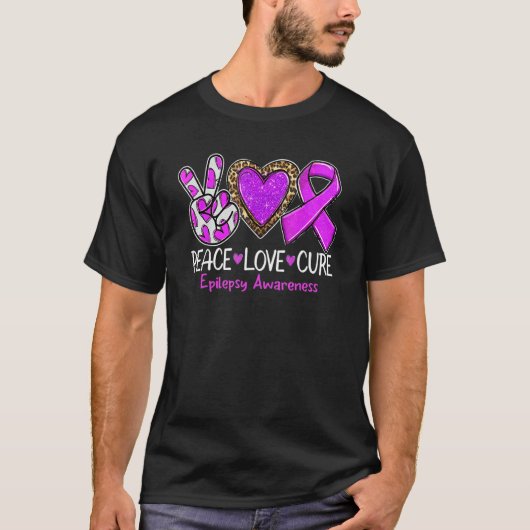 Epilepsy Awareness Peace Love Cure Purple Ribbon L T-shirt (Voorkant)