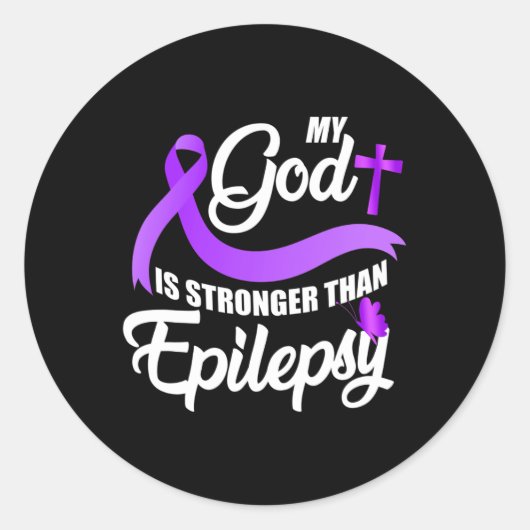 Epilepsy Awareness Ribbon Mijn God is sterker dan Ronde Sticker (Voorkant)