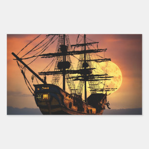 Episch Piraatsschip Silhouet Zonsondergang Maan Gr Rechthoekige Sticker