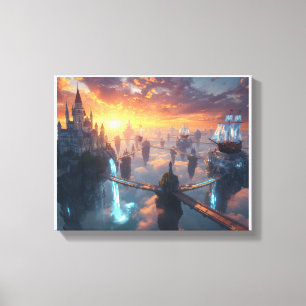 Episch zwevend kasteel en vliegende schepen fantas canvas afdruk