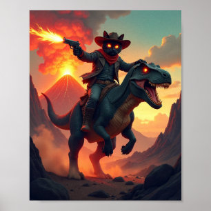 Epische Cowboy Kat rijdt op Dinosaurus Fantasy S Poster