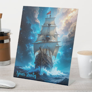 Epische Fantasie Zeilschip Storm Oceaan Reclamebord Met Voetstuk