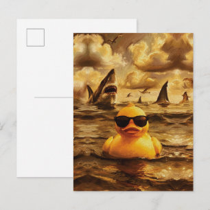 Epische haaienaanval met dappere rubber eend briefkaart