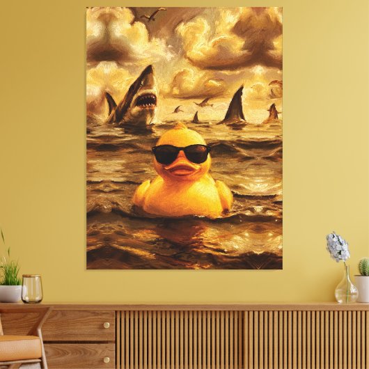 Epische haaienaanval met dappere rubber eend canvas afdruk (Insitu (Woonkamer))