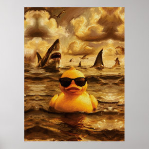 Epische haaienaanval met dappere rubber eend poster