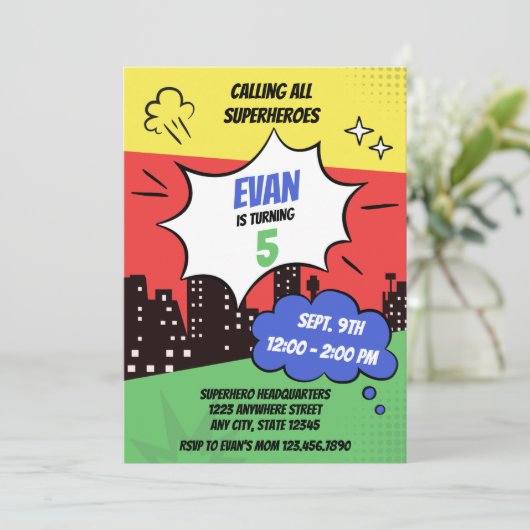 Epische kleurrijke superheld verjaardag kaart (Staand voorkant)