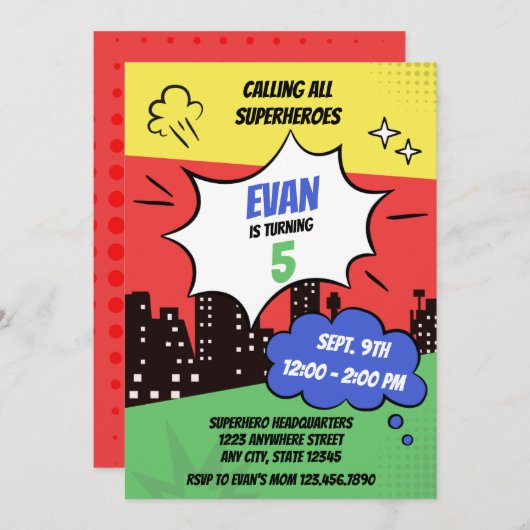 Epische kleurrijke superheld verjaardag kaart (Voorkant / Achterkant)