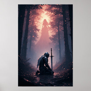 Epische ridder in een donker fantasiebos poster