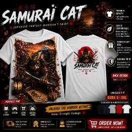 Epische Samurai Kat Krijger Japanse Fantasie T-Shi T-shirt