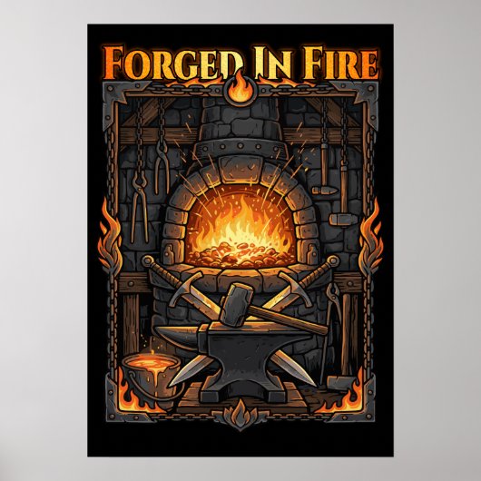 Epische Smidse Forge Aambeeld & Zwaarden Fantasie  Poster (Voorkant)